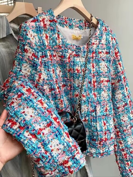 Jackets & Blazers - Multicolor Tweed Jacket - Women's Short Boxy Coat